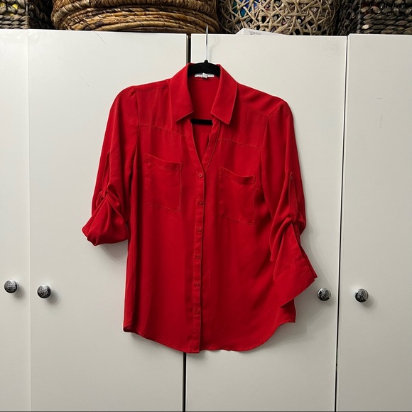 EXPRESS Solid Red Two Pocket Portfolio Shirt
Blouse Button Down Slim Fit Top S - Picture 1 of 16